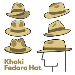 Set Blank Khaki Fedora Hat Vector for Template. Khaki Fedora Hat Technical Fashion Illustration. Khaki Fedora Hat Isolated on White Background. Vector Illustration. Elements for design. EPS10.