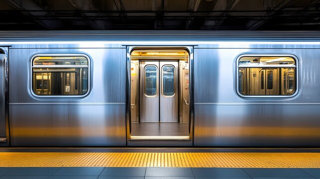 Silver subway train door open with the platform visible in front of it