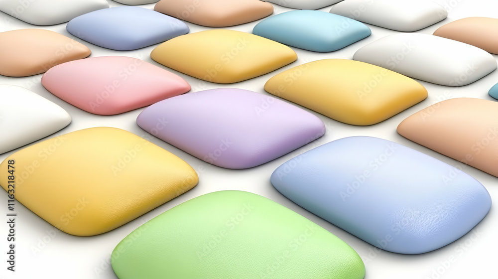 Poster pastel cushions arranged in grid pattern, soft and colorful texture, showcase diverse shapes and hue