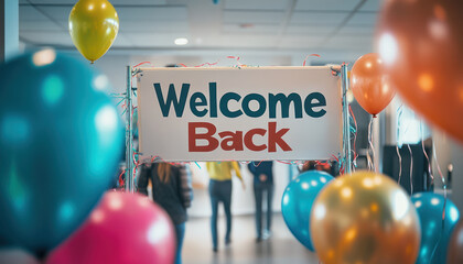 A Welcome back sign with colorful balloons in corporate office setting, creating festive atmosphere for employees returning to work