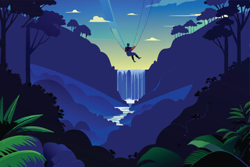 Create a vibrant vector illustration of a thrilling zip line adventure through a lush, dense jungle canopy.  Show exciting details.