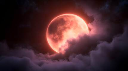 Crimson Moon Ascends Through Night Clouds, A Celestial Mystery Unveiled in the Dark, Mystical Skies.
