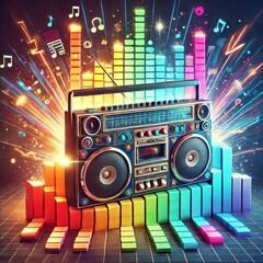 Boom Box Blast A retro boombox with colorful sound waves