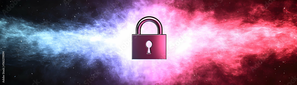 Poster cyber security, padlock symbol in cosmic nebula, protecting data securely and reliably.