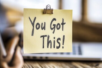 Motivational Note on Sticky Paper with Laptop Background