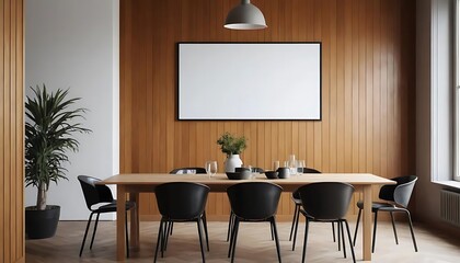 Modern Dining Room With Wooden Wall And Blank Canvas