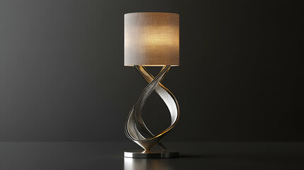 Elegant Twisted Metal Table Lamp with Beige Shade, Illuminates a Dark Room Subtly.