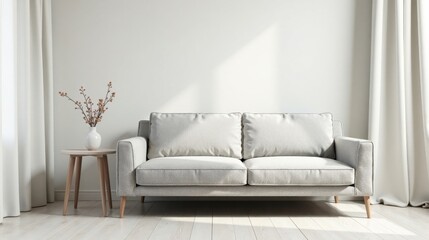 Light Grey Sofa in Minimalist Living Room Setting with Side Table and Dried Flowers
