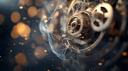 Intricate Gears Entangled in a Dusty Web, Mysterious Clockwork Mechanism, Golden Hues Sparkle, Time's Passage Reflected