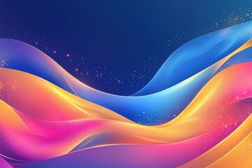 A captivating abstract design of swirling holographic waves glowing softly with pastel tones of pink, blue, and gold, surrounded by tiny shimmering particles on a smooth dark background. 