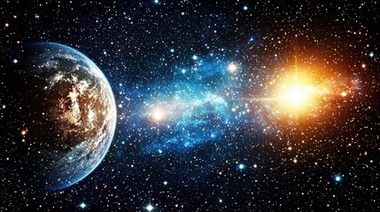 Obraz premium A celestial background of swirling nebulas in pastel hues of lavender, teal, and peach, illuminated by radiant beams of light and surrounded by faint glowing stars in deep space. 