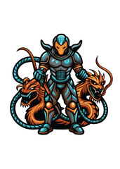 A fierce humanoid alien tamer, wielding a whip, controls a monstrous, bioluminescent alien beast. Dramatic lighting, detailed textures.