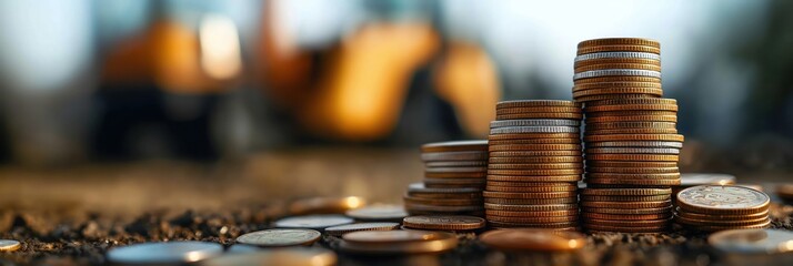 Stacked coins create visual representation of growing finances. Money stacks represent wealth, investment. Blurred background suggests out-of-focus environment. Image portrays prosperity, financial