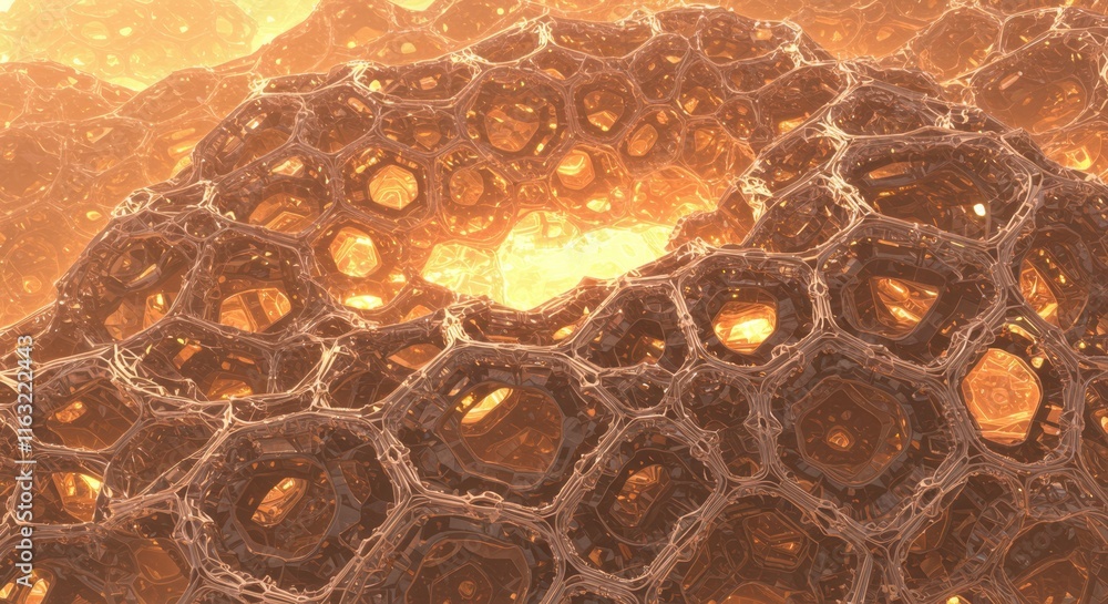 Poster abstract honeycomb structure with glowing core in warm earth tones