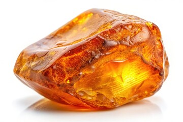 Raw amber gemstones, isolated on white, showcased in long-exposure mineral photography.