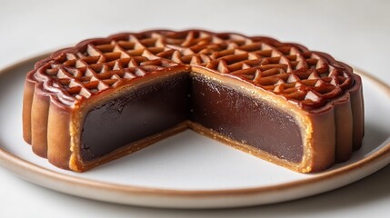 A beautifully crafted mooncake, showcasing intricate patterns and rich filling.