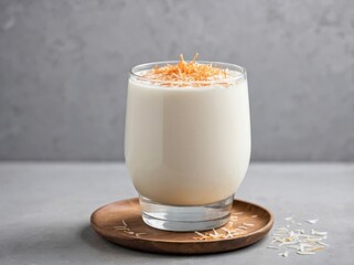 A single glass of creamy Cocada served in a clear tumbler.