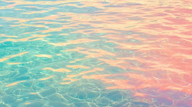 A luminous abstract background of softly rippling water illuminated by golden sunlight, with pastel gradients of peach and aqua transitioning into tiny sparkling particles that float delicately 