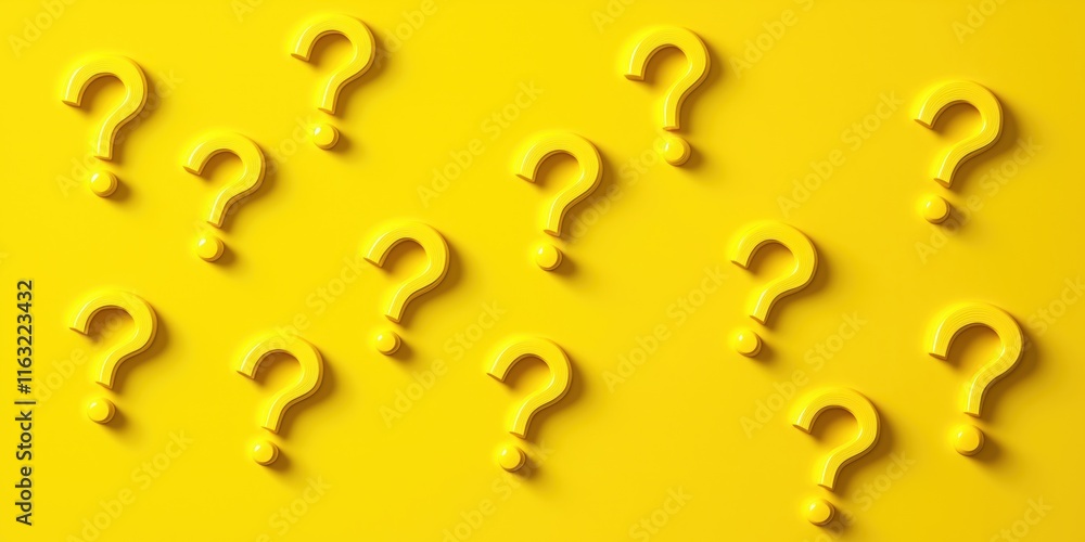 Poster bright yellow background with many yellow question marks. uncertainty, problem concept. visual repre
