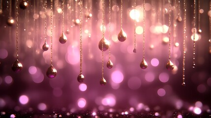 Obraz premium Glittering golden droplets hang against a pink bokeh background