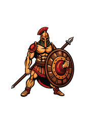 A highly detailed illustration of a powerful, muscular ancient Roman gladiator, poised with a spear, displaying grit and determination in a dramatic, gritty style.