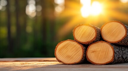 Sunlit Logs in Forest:  A stack of cut tree logs sits on a wooden surface, bathed in the warm glow of the setting sun, with a blurred forest background.