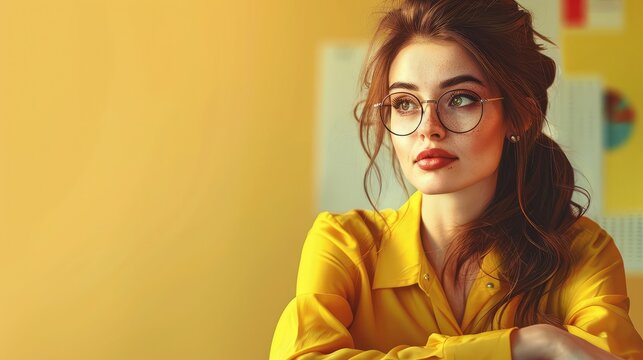 Sweet girl in a yellow blouse and black trousers, analyzing data