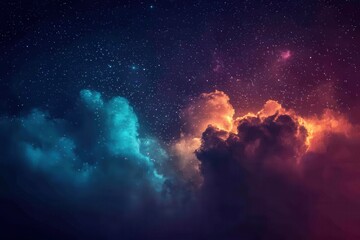 Fototapeta premium A mesmerizing cosmic backdrop of swirling auroras in vibrant hues of magenta, teal, and orange, surrounded by faint star clusters and radiant beams of light for a dramatic celestial vibe. 