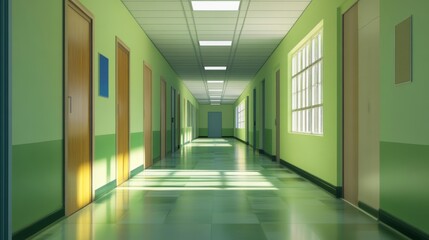 Wide corridor in a modern school featuring lockers on both sides, bright natural lighting through large windows, and colorful hallway decorations for a welcoming and educational atmosphere


