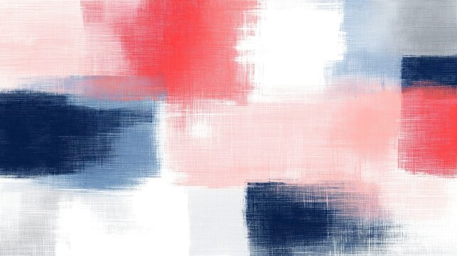 Abstract art piece featuring various shades of pink red, blue. Textured effect suggests fabric linen. Geometric shapes implied through color blocks. Design suitable for home decor fashion. Modern