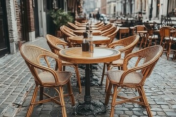 Charming Outdoor Cafe with Rustic Tables and Chairs