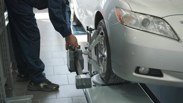 Mechanic performing a wheel alignment process in a modern workshop. Professional equipment is used to ensure accurate vehicle alignment for optimal performance and safety