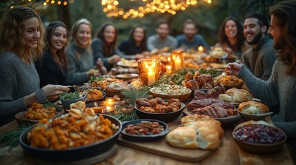 Large group of young friends joyfully feasting outdoors at sunset. Sit around large table laden with diverse array of food dishes. Smiling faces, engaged conversations highlight festive atmosphere.