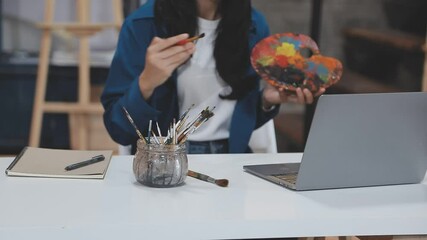 Artist painting palette with brushes. Craft hobby background. Recomforting, destressing hobby, art therapy