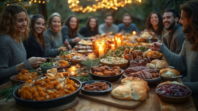 Large group of young friends joyfully feasting outdoors at sunset. Sit around large table laden with diverse array of food dishes. Smiling faces, engaged conversations highlight festive atmosphere. - Powered by Adobe