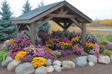 Colorful Flower Display Under Wooden Pavilion