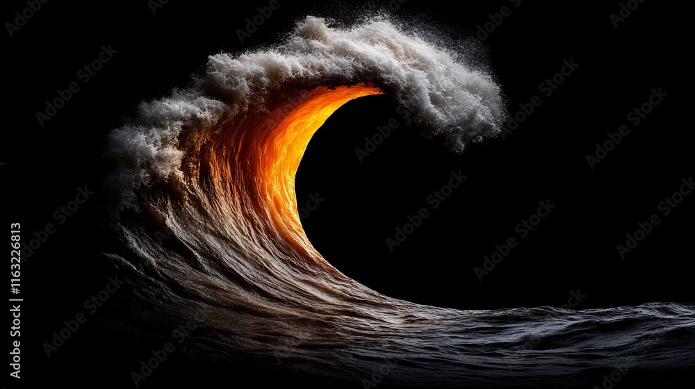 Poster fiery wave: a mesmerizing image of a wave breaking with a fiery glow, against a black background. th