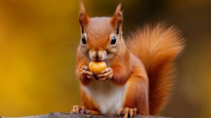 Squirrel enjoying a nutty treat: A close-up of a red squirrel, its fluffy tail curled around it as it savors a delicious nut. The warm.