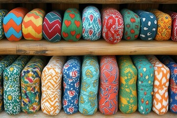 Colorful Patterns on Fabric Cushions Displayed on Shelf