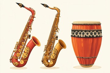 Naklejka premium Colorful Saxophones and Drum Illustration
