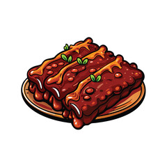 Create a realistic vector illustration of crispy Peking-style spare ribs, showcasing glistening texture, rich color, and appetizing detail.  Highlight the browned, caramelized edges.