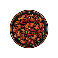 Create a realistic vector illustration of Sichuan pepper chicken stir-fry, showcasing vibrant colors, detailed textures, and individual ingredients.