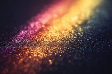 An ethereal design of shimmering glitter particles refracting radiant light into vibrant rainbow hues, glowing softly against a dark gradient background for a magical effect. 