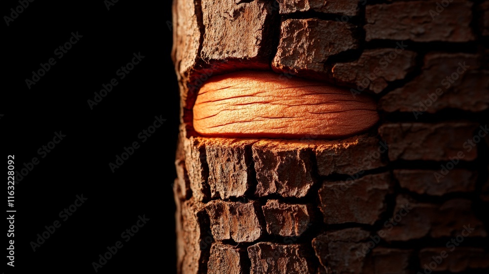 Poster almond hidden in tree bark: a close-up, almost abstract, shot of an almond nestled within the textur