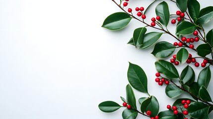 Green Leaves and Red Berries on White Background