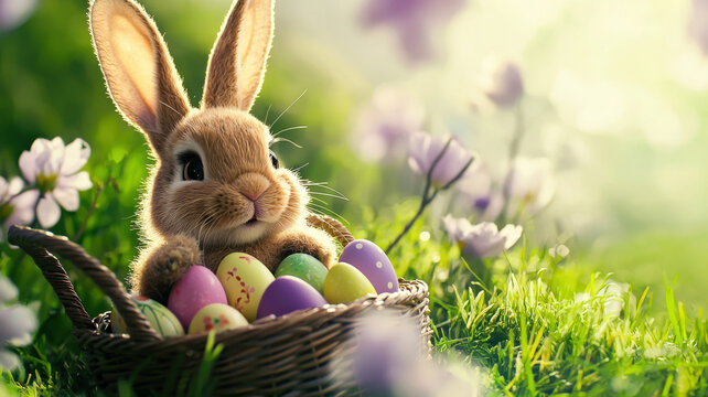 A cute and colorful Easter card featuring playful bunnies and vibrant spring flowers, designed with ample blank space for personalized Easter greetings.