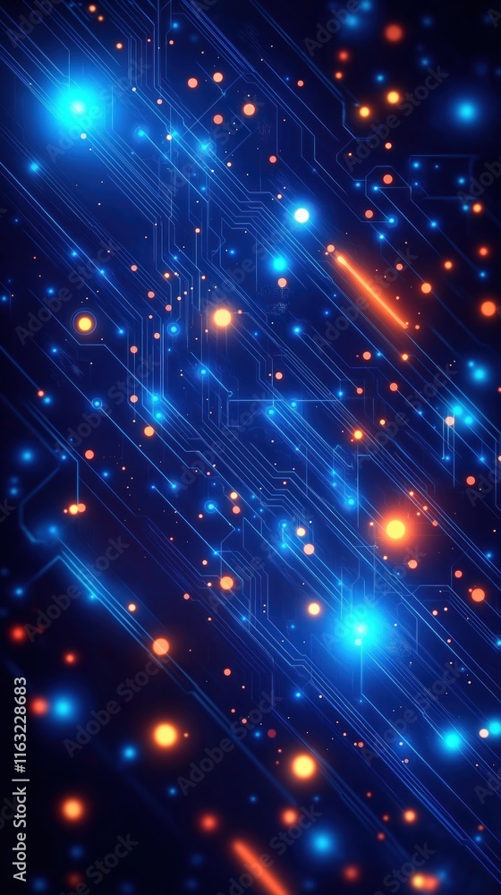 Poster abstract vibrant blue background shows glowing lights, dynamic lines. tech design with vibrant color