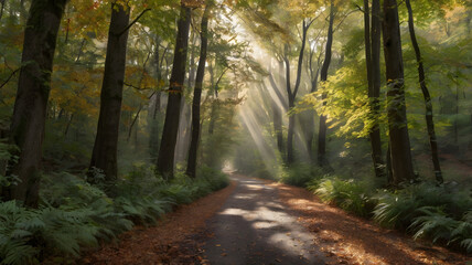 Obraz premium tranquil forest pathway lined with tall trees and dappled sunlight breaking through the leaves