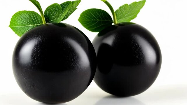 Black sapote fruit on a white background showcasing rich, dark colors and vibrant green leaves