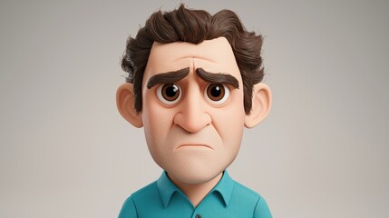 Claymation man stares directly at camera. Serious expression. Brown hair. Blue shirt. Animated figurine. Creative art piece. Character model. Possible use in animation digital art projects. Suitable